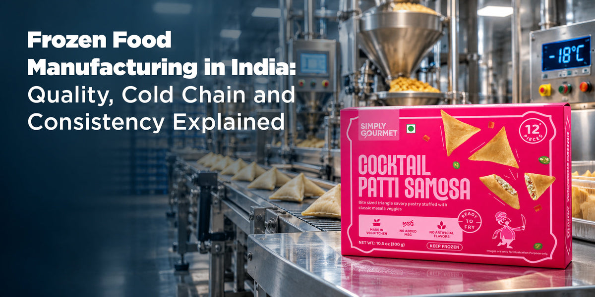  frozen food manufacturer in India packing blast-frozen appetizers in a clean kitchen