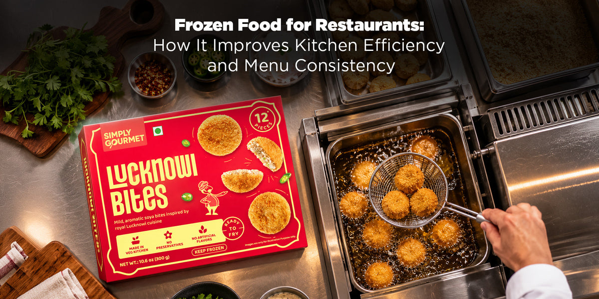 frozen food for restaurants being plated in a busy commercial kitchen