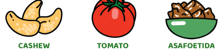 Hero ingredients: Cashew · Tomato · Asafoetida